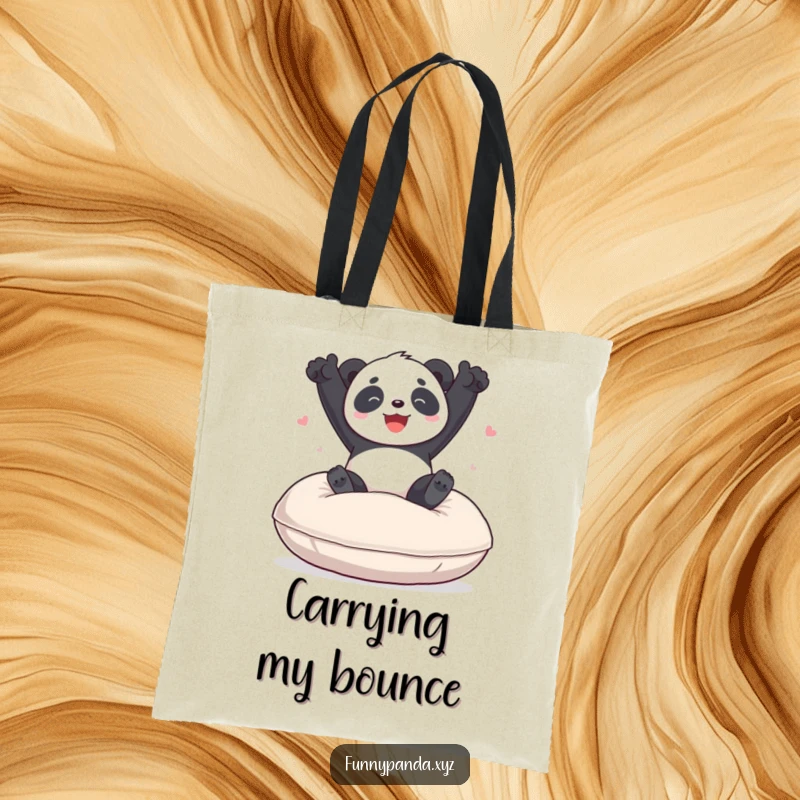 Funny panda tote bag featuring a playful panda gleefully bouncing on a large, soft cushion, perfect for carrying essentials with humor.