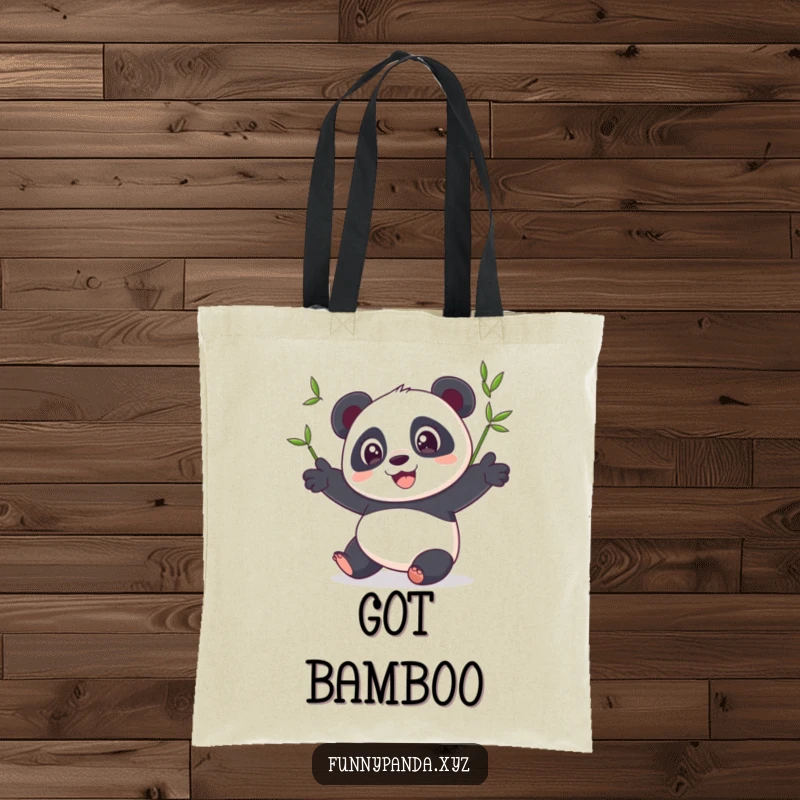 Funny panda tote bag featuring a cheerful panda with wide eyes, juggling three vivid bamboo shoots, perfect for stylish, humorous carrying.